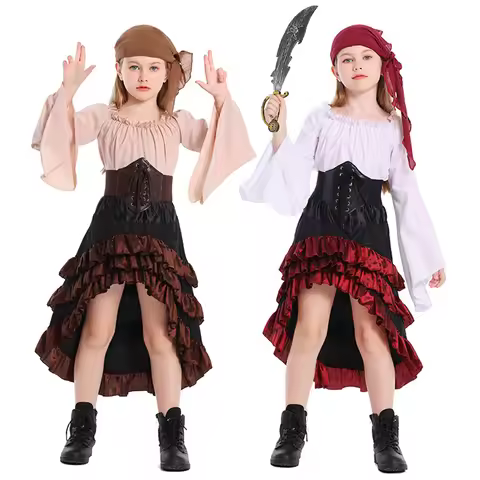 Girl Pirate Cosplay Costume Children Renaissance Medieval Pirate Outfit Shirt Skirt Scarf Belt Set H
