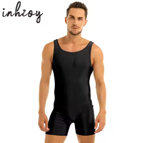 Men Stretchy Bodysuit Sleeveless Wrestling Singlet Boxer Shorts Gymnastics Leotard Jumpsuit Swimwear