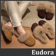 [Eudora] Warm Slippers Furry Half Muller Shoes Snow Boots Flat Inner Brushed Thick-Soled
