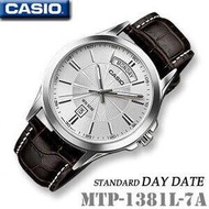 台灣CASIO手錶專賣店 簡約指針表/防水/日期顯示 MTP-1381L-7A 皮革錶帶