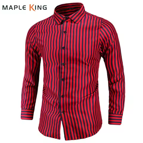 M-7XL Long Sleeve Red Black Striped Shirts For Men Classic Slim Fit Office Social Dress Shirt Mens B