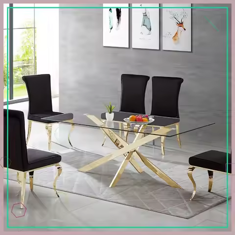 51" Luxury Gold Glass Dining Table for 4-6 with X-Shape Stainless Steel Base, Modern Rectangular Kit