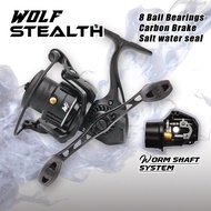 WOLF STEALTH รอกตกปลา ระบบเฟืองหนอน ทนน้ำเค็ม แขนคู่ เบรกคาร์บอน รอกสปิน ตกปลา 8 Ball Bearings Carbo