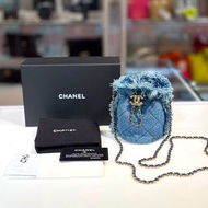 98%NEW二手CHANEL斜背包/水桶包 AP2603 迷你 牛仔丹寧塗鴉鏈條小廢包 denim mini bucket bag #香榭站正品