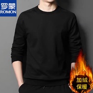 罗蒙（ROMON） 棉长袖T恤男士加绒加厚春秋冬季新款纯色打底衫内搭外穿外套休闲卫衣男装宽松冬季款 黑色圆领【加绒】 2XL体重130-150斤