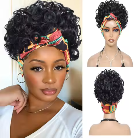 Black women's curly wig, made with African short ribbons and curly ribbons, black synthetic wig with
