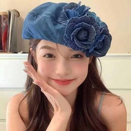 Korean Style Womens Beret Hat Small Crowd Color Collision 3D Flower Denim Painter Hat Fashionable Fa