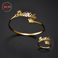 【Suellen jewels】 Goxijite Custom Name Adjustable Bangle Ring For Women Kids Stainless Steel Customized Crown And Letter Open Bangle Ring Gift