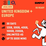 SIMPLY [eSIM] UK+Europe | 3UK, o2, EE | 30 Days | 12GB/30GB/40GB/50GB/100GB/200GB | Unlimited Data |