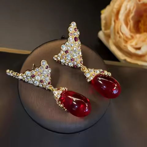 New brass inlaid red glaze Water Drop Blend Vintage symmetrical Wing Premium stud earrings