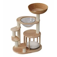 實木多功能矮腳貓爬架連太空艙貓窩 (編織貓窩7層款｜80cm)