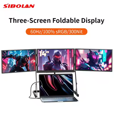 Sibolan 14 Inch Three Screen Portable Monitor 60Hz 1200P 100%sRGB 360° Foldable External Display For