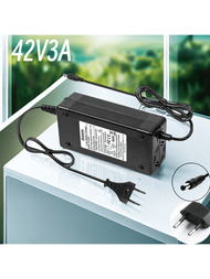 Duxwire 42v3a 鋰電池充電器,適用於電動自行車、滑板車、摩托車和三輪車,可快速充電各種戶外設備,如儲能設備、gps、露營燈等,確保戶外活動期間不間斷電源供應。它可以高效充電36v鋰電池組,適用於許多電動工具,如電鑽和切割機等。配有歐式電源線。