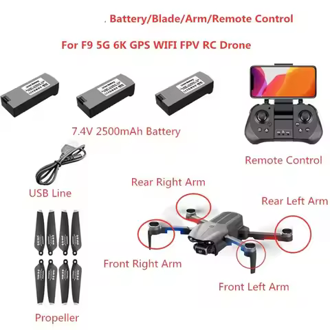 4DRC F9 Battery F9 F-9 6K GPS RC Drone Accessories 7.4V 2000MAH Battery Propeller Arm Motor USB Line