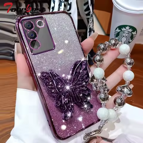 3D Butterfly Phone Holder Bead bracelet Glitter Plating Case for Samsung Galaxy A05 A05S A04 A04E A0