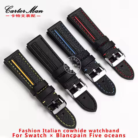Fashion Italy cowhide Watch strap For Swatch × Blancpain Five oceans 22mm Man Black red yellow blue 