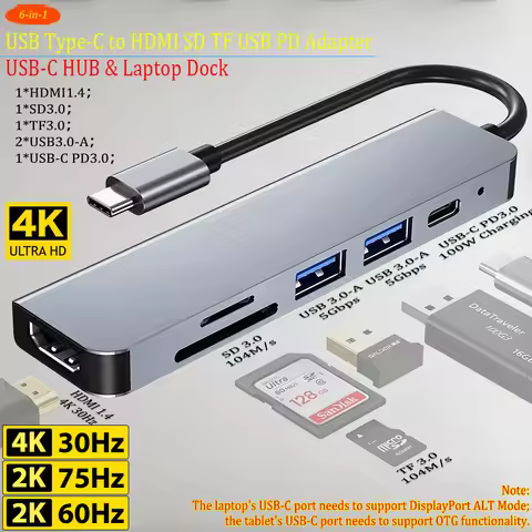 USB C HUB 6-in-1 with HDMI 4K 30Hz,Type C to HDMI,100W PD,USB,SD/Micro SD Card Read Adapter Laptop a