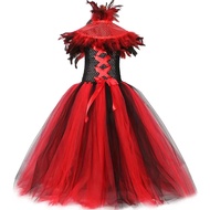 Girls Gothic Demon Vampire Costume Evil Queen Witch Tulle Tutu Dress Long Kids Halloween Carnival Pa