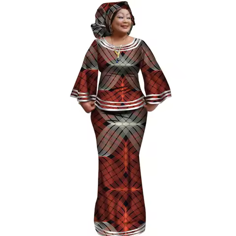 African Clothes for Women Ankara Print Long Sleeve Top and Skirt 2 Pieces Set with African Headwrap