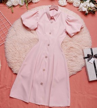 Đầm hồng công sở xinh dáng xòe cổ sơ mi thiết kế thanh lịch tay phồng thời trang đi làm đi tiệc – Lu