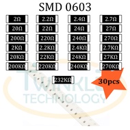 Resistor SMD 0603 2ohm, 20ohm, 200ohm, 2.2ohm, 2.4ohm,24ohm,2.4Kohm,240kohm,2.7ohm, 27ohm,270ohm,2.7