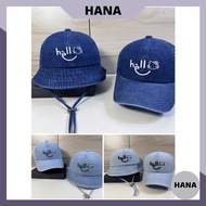 Super cute couple jean hat embroidered with the word hello and cat face for children, bag hat for bo