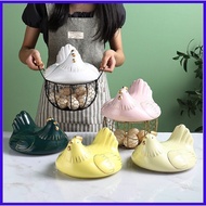 ❐ ✢ Large Stainless Steel Mesh Wire Egg Storage Basket with Ceramic Farm Chicken Top and Handles