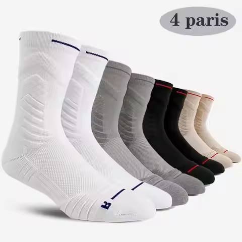 4 Pairs/Lot Professional Basketball Socks Breathable Men Mid-Tube Socks White Sports Socks Towel Bot