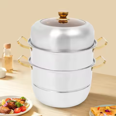 3-Tier Stainless Steel Steam Cooker Tempered Glass Steam Cooker Washable Steamer Pot for Families Re