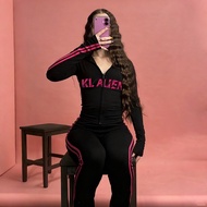 Kliou Casual Tracksuit 2 Piece Set Woman Letter Print Full Sleeve Hooded Jacket+Contrast Stripes Lon