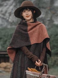 波彩 羊毛條紋手工縫線披肩 斗篷外套