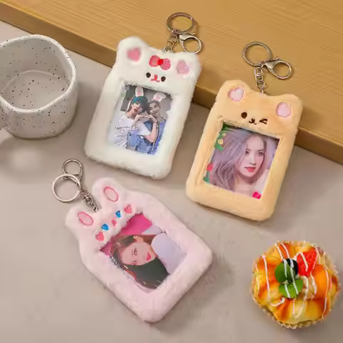 Korea Cute Bear Rabbit Plush Photocard Holder Kpop Idol Photo Sleeve Case ID Card Cover With Keychai