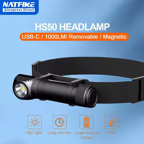 NATFIRE HS50 Headlamp Rechargeable 3400mAh Headlight 1000LM LED USB C Rechargeable Magnetic Tail Wor