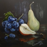 梨子葡萄黑靜物多汁水果油畫現代餐廳藝術