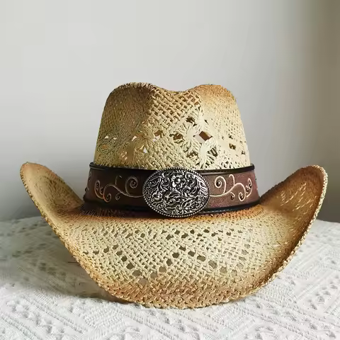 new Men Cowboy Straw hat women Fashion Large Brim straw hat with belt Party Outdoor summer cowgirl b