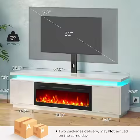 TV Stand Mount with 36" Electric Fireplace, White Entertainment Center for 45/50/55/60/65/70 inch TV