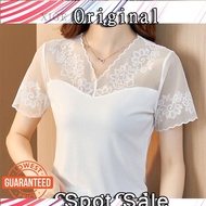 PZV Lace Blouse Plus Size Korean Style Women's Fashion Hollow Floral Printed Short Sleeve T-Shirt