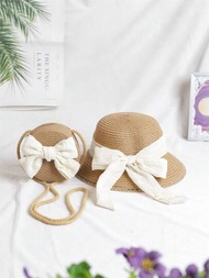 2入組花裝飾草帽和背包,適用於春夏戶外休閒、海灘、度假、鄉村風格和兒童禮品