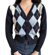 Women's Long Sleeve Vintage Argyle Plaid Cardigan