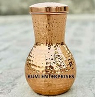 KUVI Pure Copper Bedroom Water Bottle with Glass Bed Side Jar Antique Design, Handmade by Local Artisans, Hammered Copper Bedside Carafe (1500ML, 400Grams)