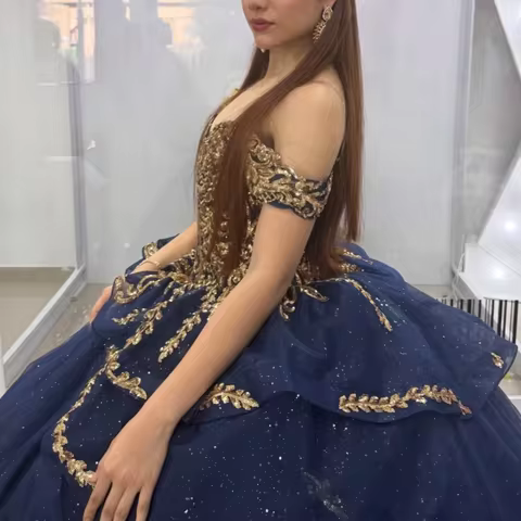 Angelsbridep Customized Ball Gown 15 Year Old Quinceanera Dresses Navy Blue Party Dress With Gold Ap