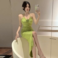 satin dress dress korean style dinner dress Bunga hiasan, gaun leher V halterneck seksi Perancis, ke