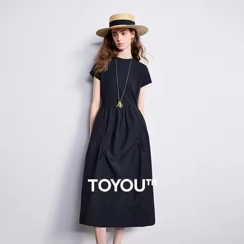 TOYOUTH Women Casual Dress 2026 Summer New Lyocell Cotton Crew Neck Patchwork Morandi Bud Dress