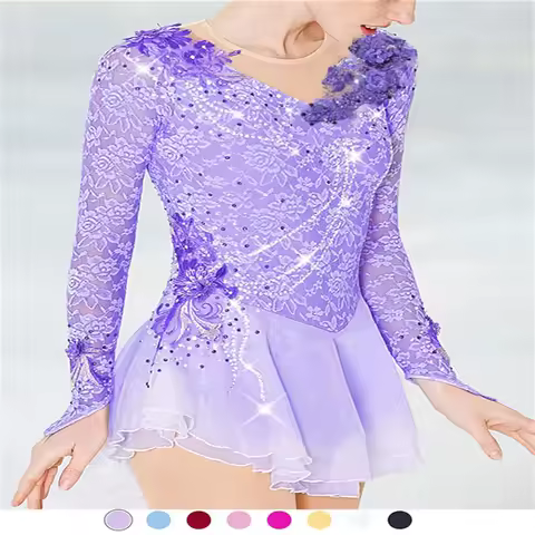 Girls' Ice Skating Dress Patchwork Mesh Spandex Lace High Elasticity Competition Skating Wear Handma