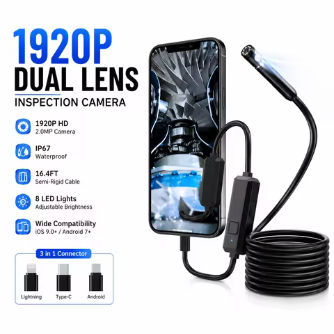 Dual Lens Endoscope Camera 1920P HD Borescope with 8 LED Lights IP67 Waterproof Inspection Camera fo
