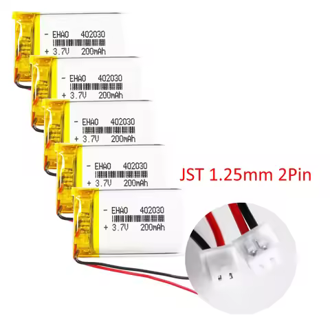 5 pcs 3.7V 200mAh Polymer Lithium Lipo Battery Rechargeable 402030 + JST 1.25mm 2Pin Plug CE FCC ROH