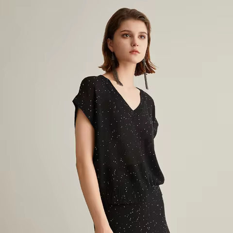 BC614 Boutique Luxury Brand Women's Clothing Summer Sequin V neck Knitted Pullover Linen Silk Sweate