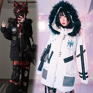 原創龐克風靈罪刻印翅膀十字架毛邊刷毛連帽外套漁網拼接JJ2559