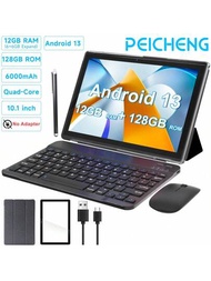 PEICHENG 2合1平板電腦，搭載10英寸Android 13平板電腦，附鍵盤/鼠標/觸控筆/保護殼，12GB（6GB+6GB擴展）RAM，128GB ROM，512GB擴展，雙攝像頭，IPS觸摸螢幕平板電腦，WiFi，6000mAh長電池壽命，經認證的平板電腦