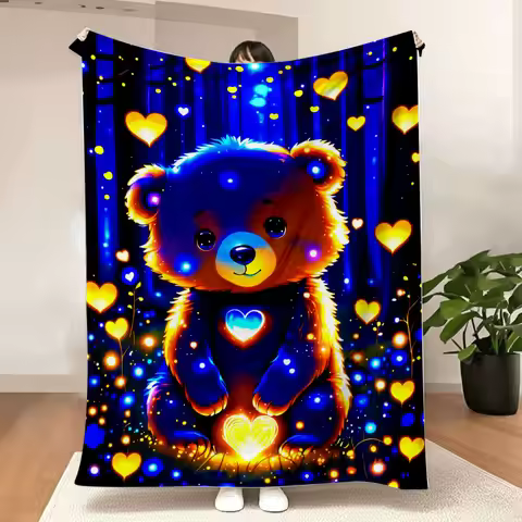 Enchanted Forest Glowing Teddy Bear Blanket - Dark Blue Forest with Purple & Blue Furry Bear, Orange